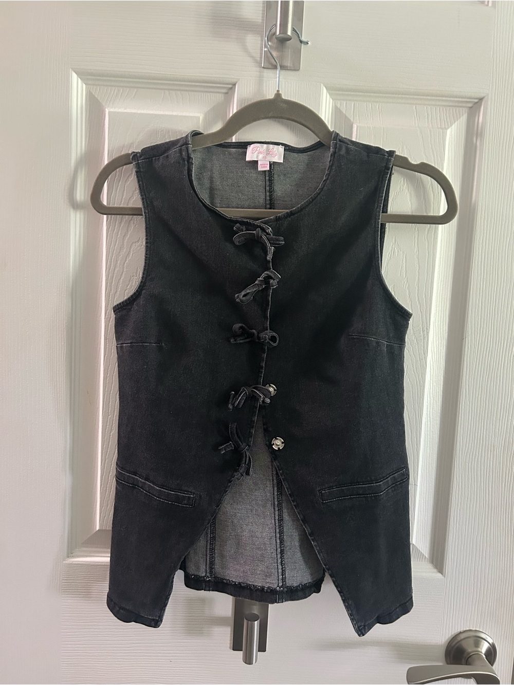 Pink Lily Distressed Black Tie-Front Button Vest/Top